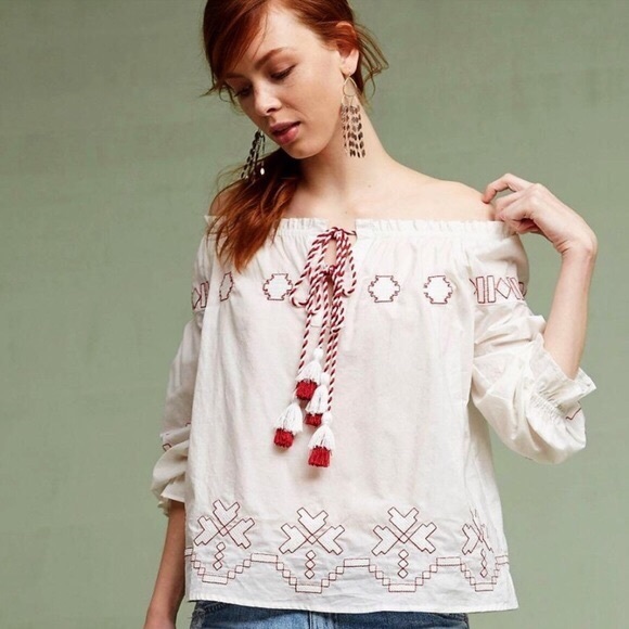 Harlyn Anthro Farina Embroidered Flowy Cotton Boho peasant tassel blouse topS - Picture 1 of 13